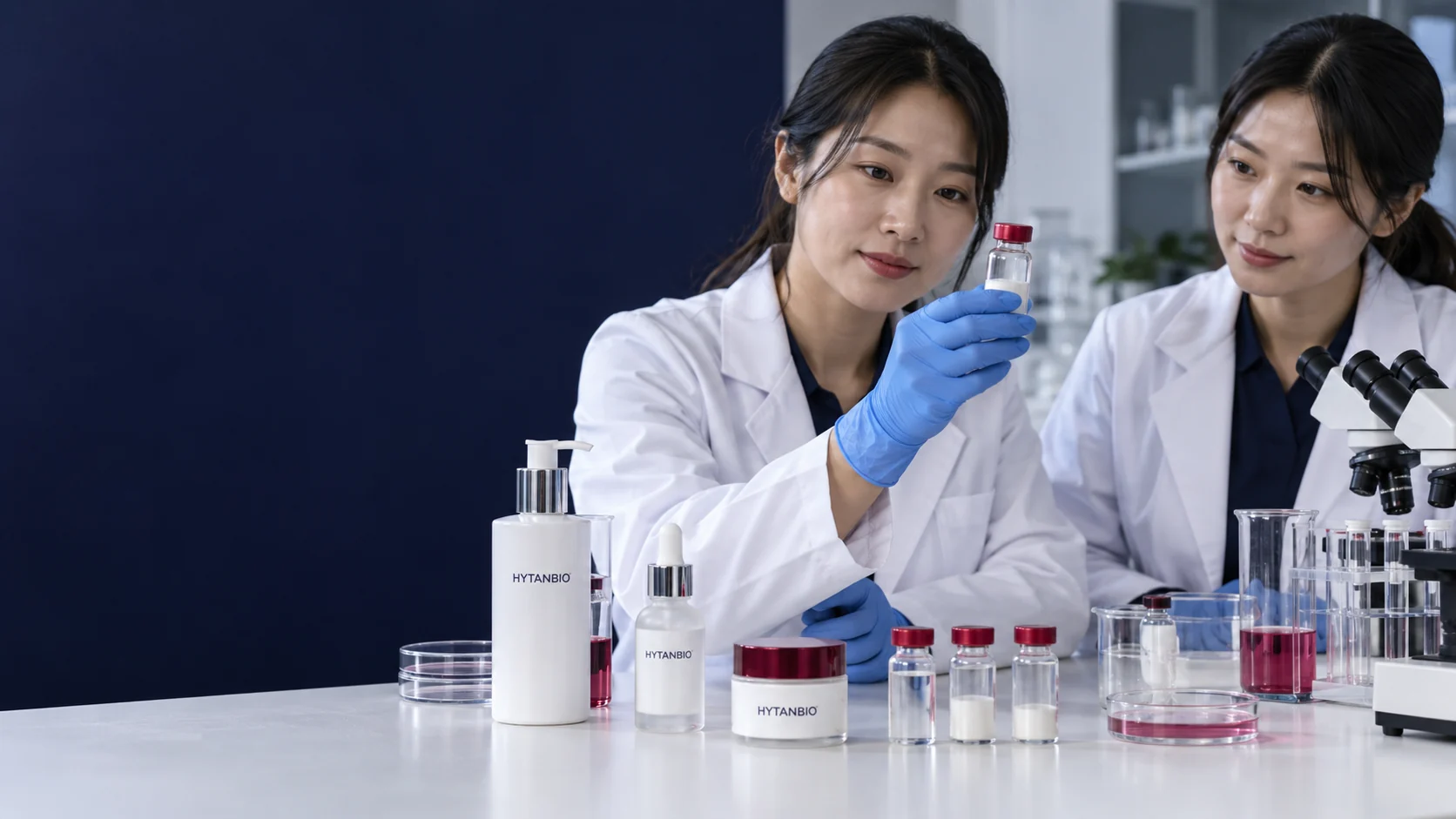 Distinct cosmetic and laboratory research sample containers displayed separately on a matte white bench — illustrative development scene