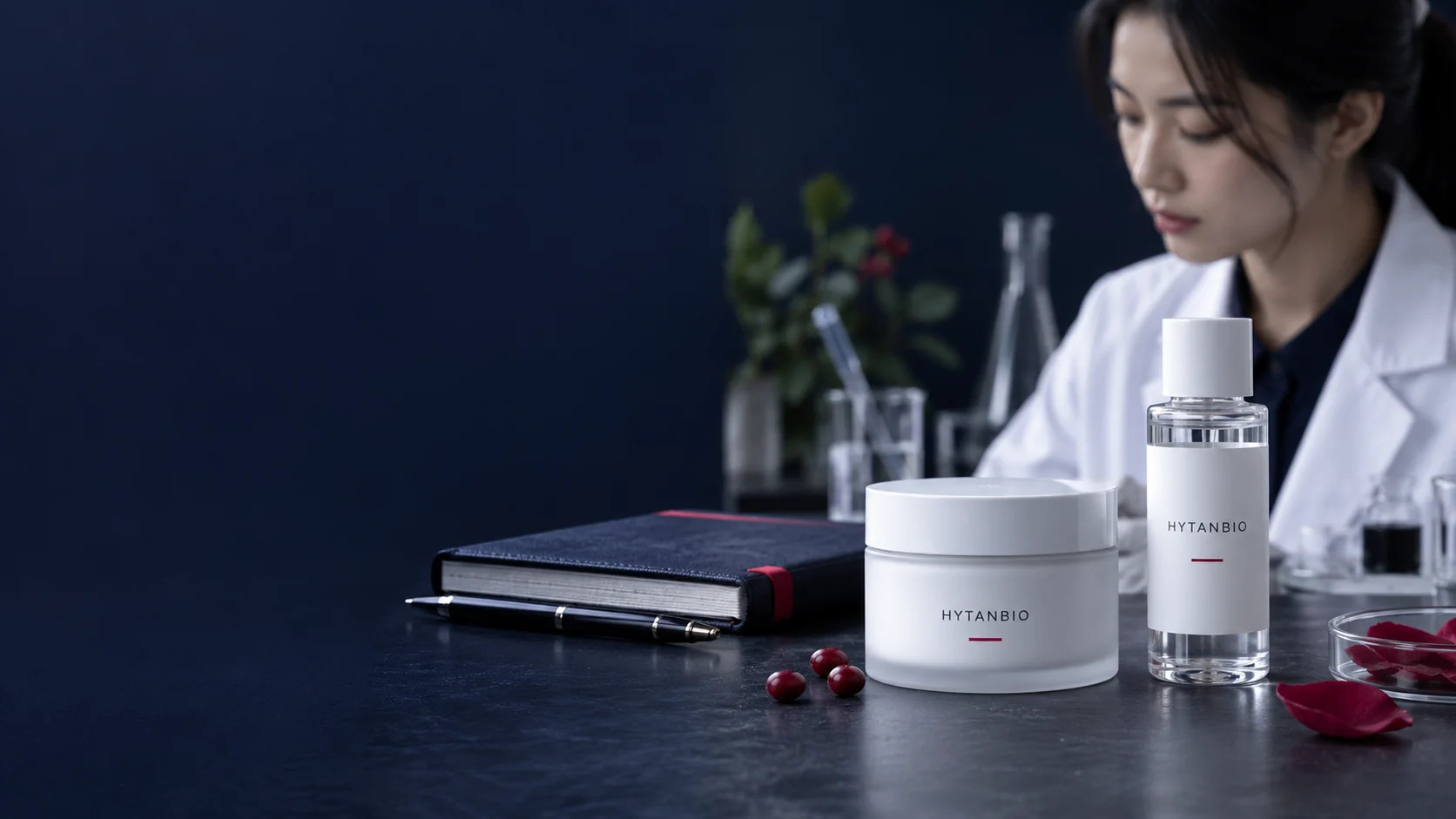 A white cosmetic jar and upright ingredient bottle beside a closed development notebook — illustrative development scene