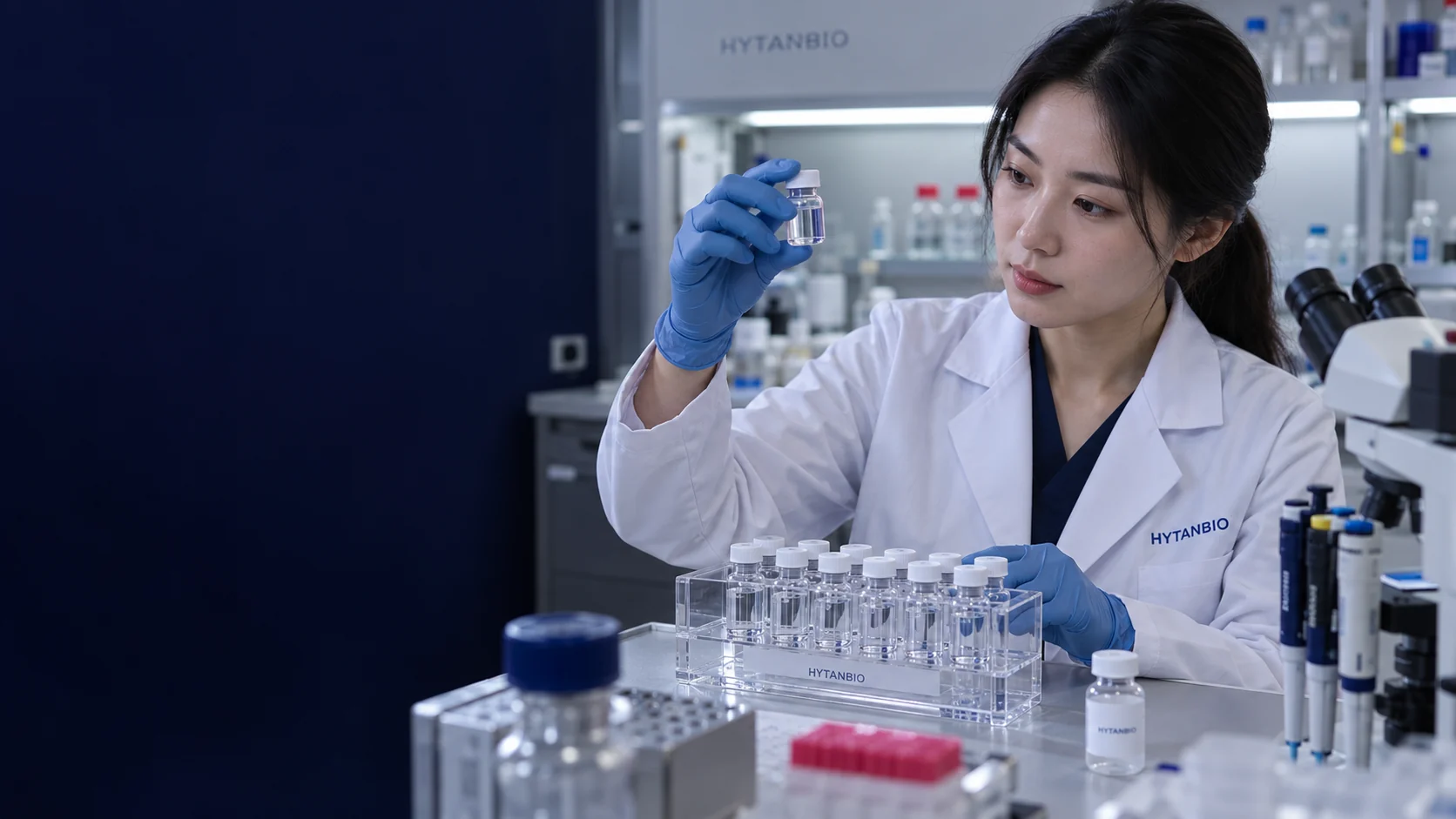 A clear research vial rack inspected by an East Asian scientist in a tidy laboratory — illustrative development scene
