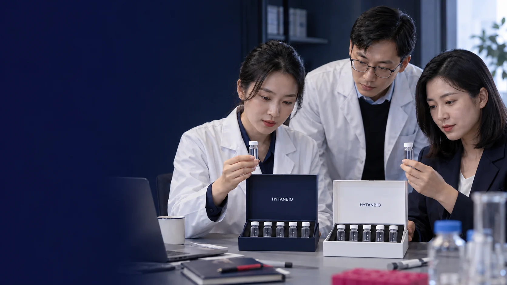 An East Asian technical team reviews two separately labeled closed sample cases at a meeting desk — illustrative development scene