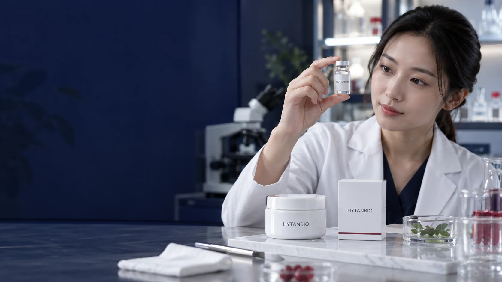 A white cosmetic cream jar, upright ingredient vial and small neutral carton on a softly lit vanity-style laboratory bench — illustrative development scene
