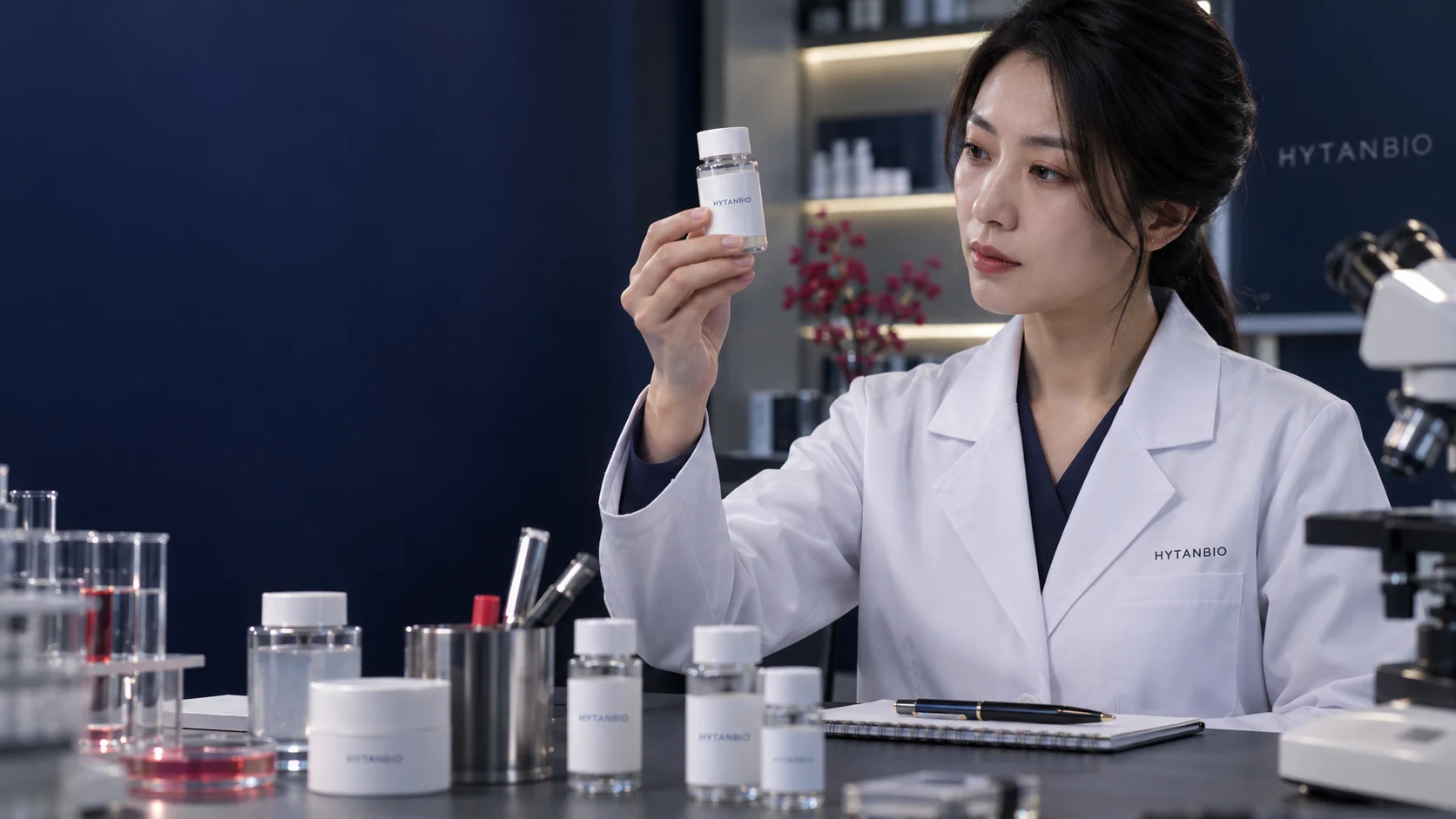 An East Asian cosmetic scientist examines a sealed ingredient bottle beside a sample notebook — illustrative development scene