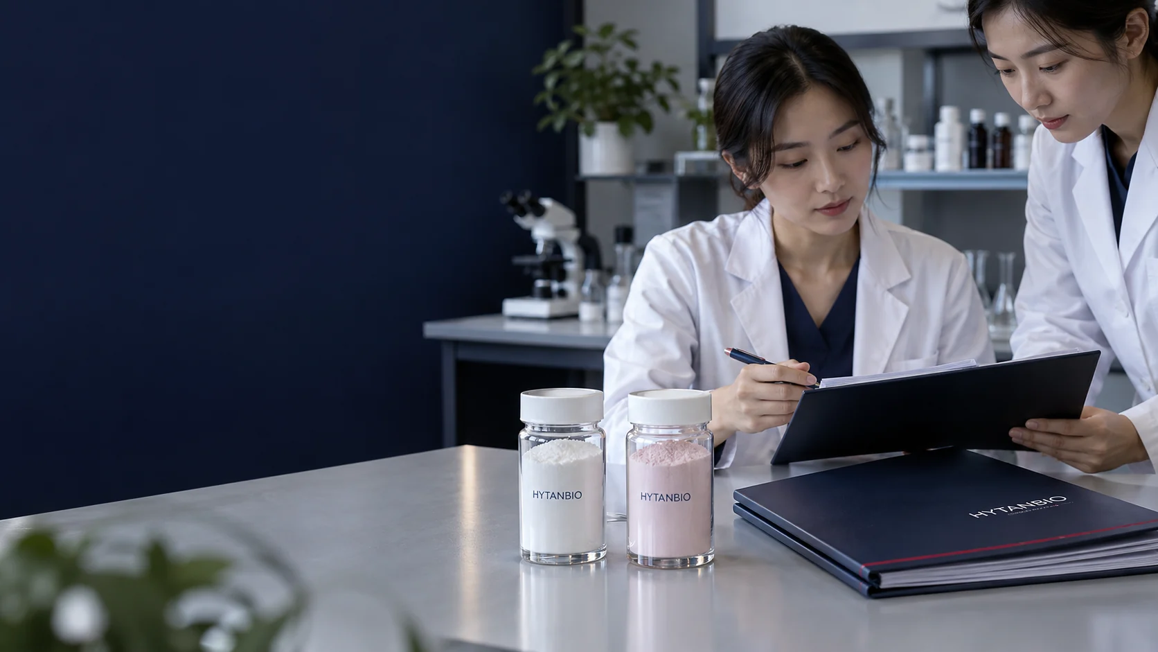 Two upright ingredient sample jars and a closed quality folder at a cosmetics development workstation — illustrative development scene