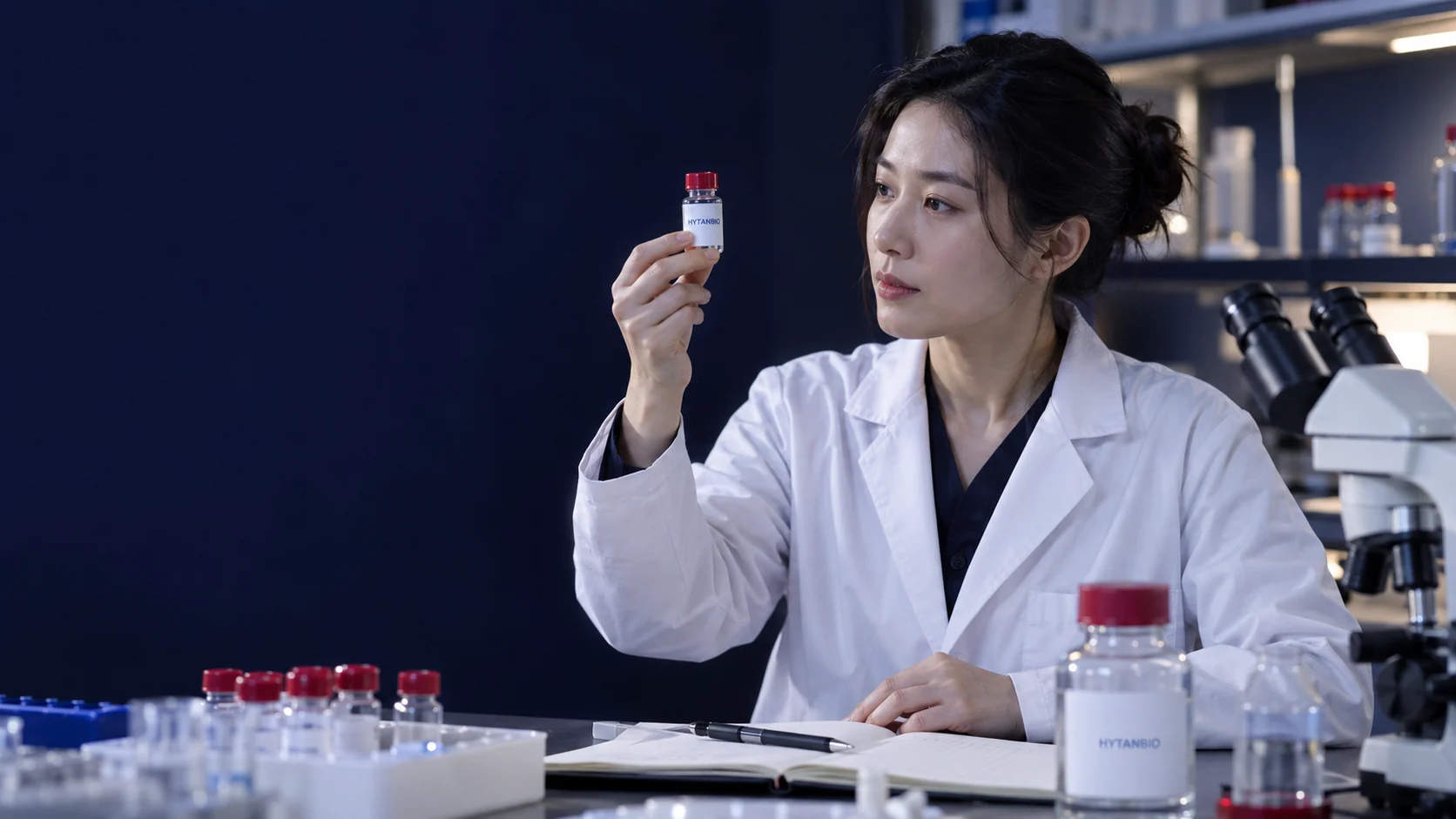 An East Asian scientist reads a sample label at eye level with a notebook in the foreground — illustrative development scene