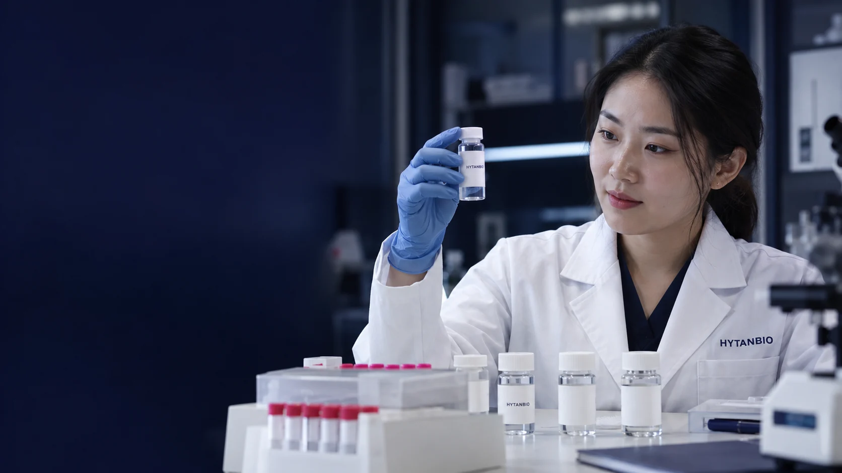 A gloved researcher reviews several closed sample containers, no weighing procedure or quantities shown — illustrative development scene