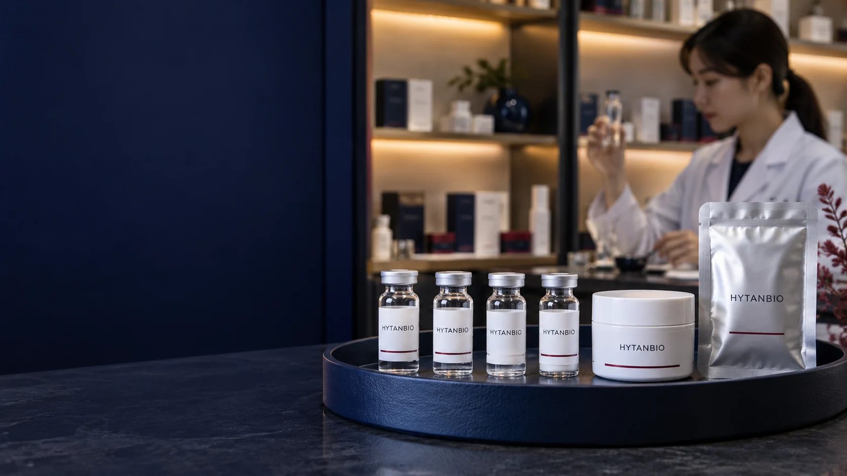 A navy round sample tray containing four upright cosmetic ingredient vials, a round white cream jar and one sealed silver sachet; warm practical shelf lighting and a blurred cosmetic packaging cabinet — illustrative development scene
