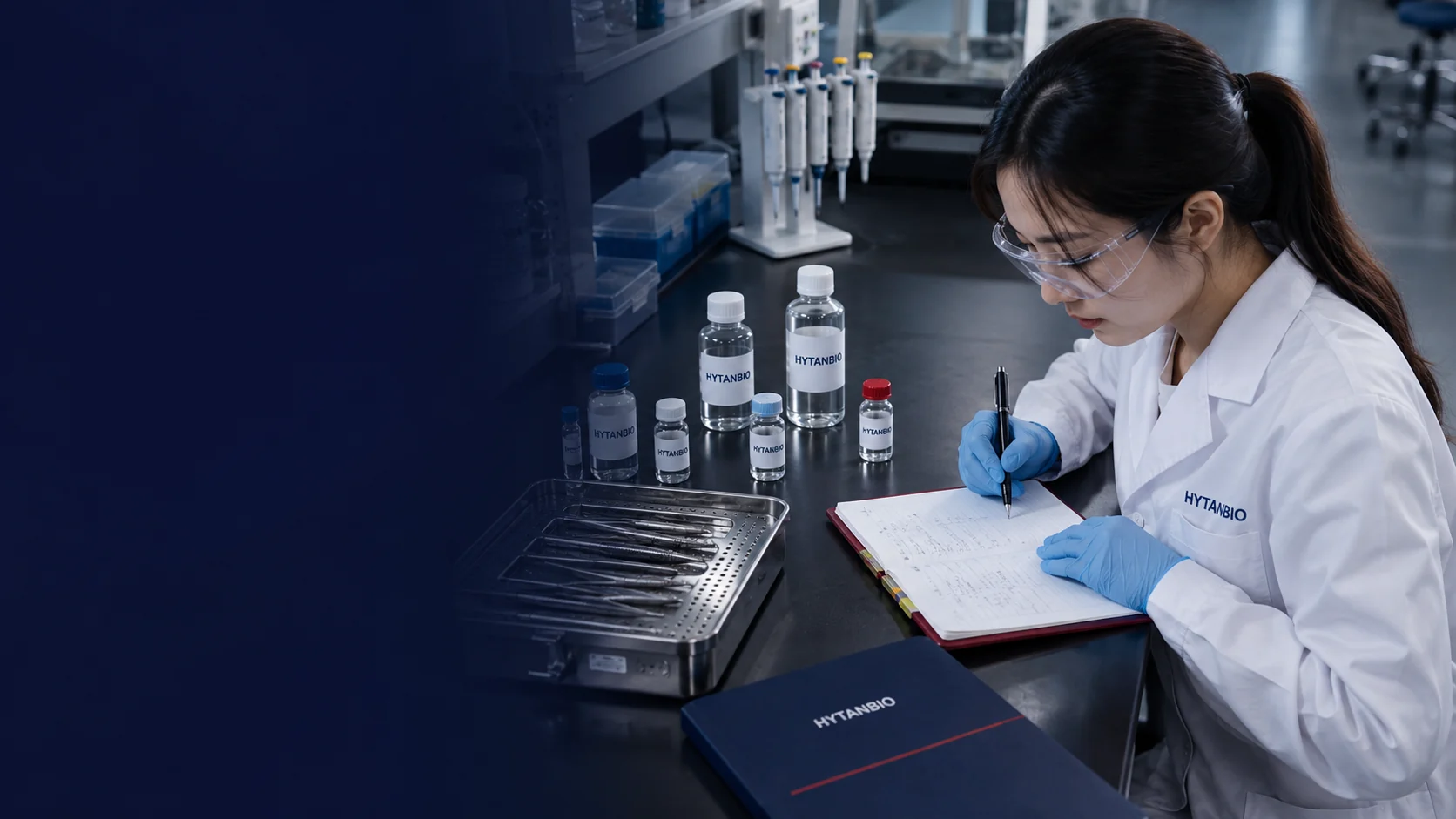An overhead-angled laboratory documentation scene with a labeled but unreadable research folder, upright sample jars and a stainless tool case; different environment with charcoal floor and soft natural light — illustrative development scene