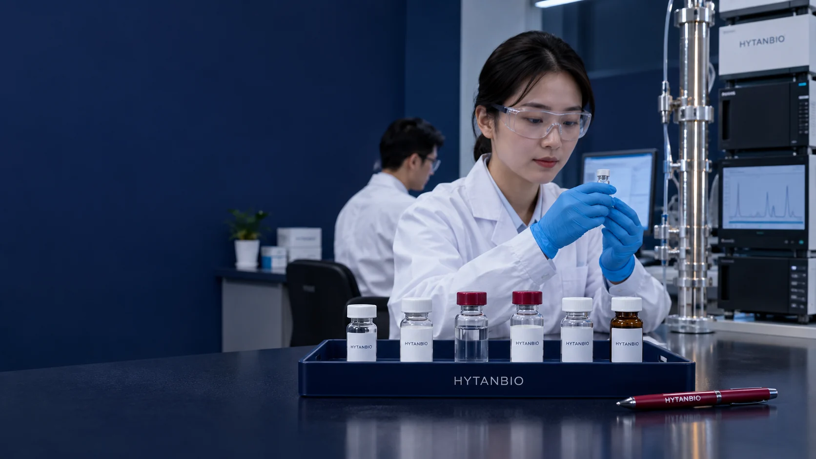 A chromatography instrument and silver column stand in the right background, six upright sealed project samples on a deep navy tray in the foreground, a small berry pen beside the tray — illustrative development scene