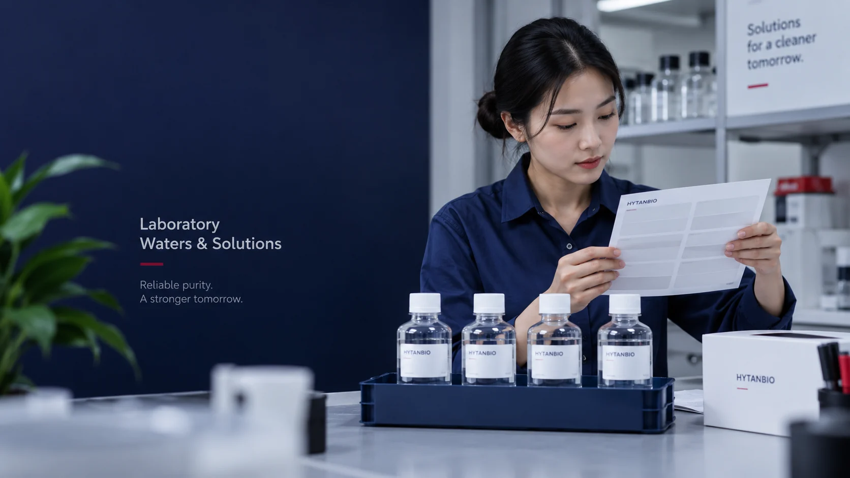 Random East Asian adult woman with hair in a low bun and an ordinary navy shirt reviewing a printed blank label layout while four clear solution bottles stand in a navy tray, no bottle in her hand — illustrative development scene