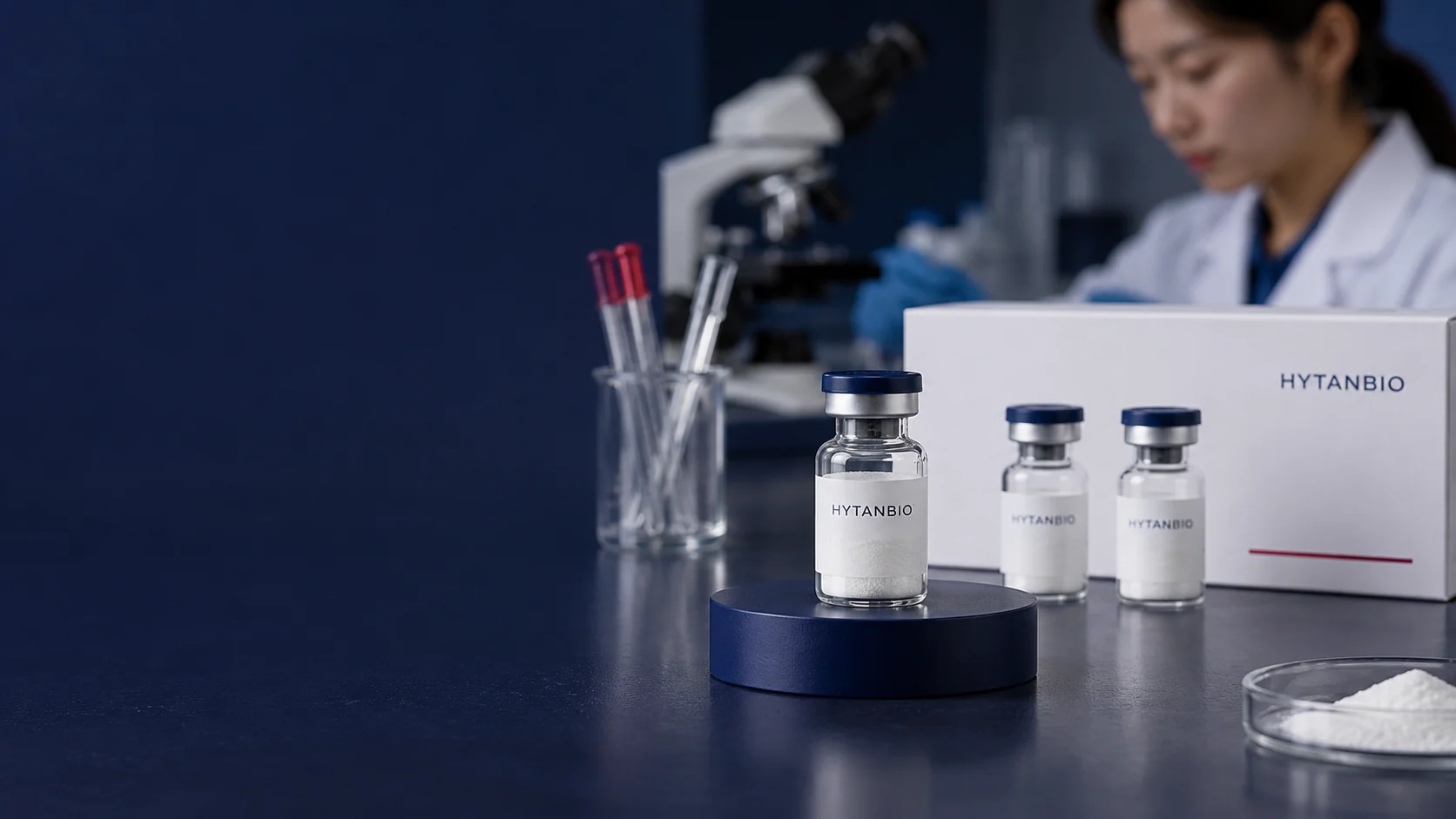 Low-level close photograph of three perfectly vertical closed dry-powder vials with silver and navy caps, one in the near foreground on a navy round riser and two behind beside a matte white packaging card — illustrative development scene