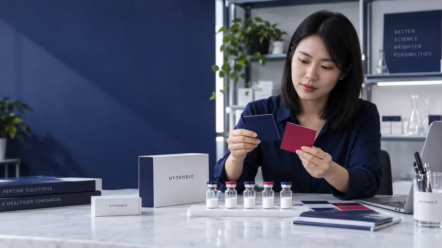 Random East Asian adult woman with straight shoulder-length black hair in a navy blouse comparing navy and berry color cards beside a stationary row of perfectly upright sealed lyophilized sample vials — illustrative development scene