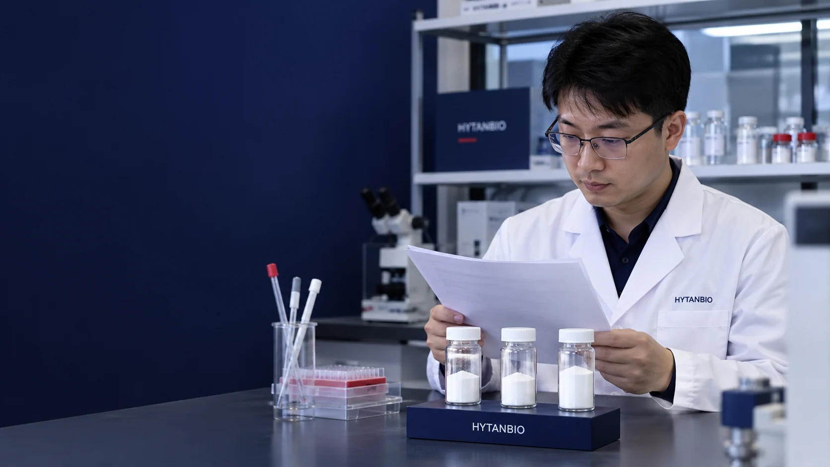 An East Asian male laboratory coordinator reviewing an unreadable sample list while three upright white-capped glass jars sit on a navy rectangular stand; no held bottles — illustrative development scene