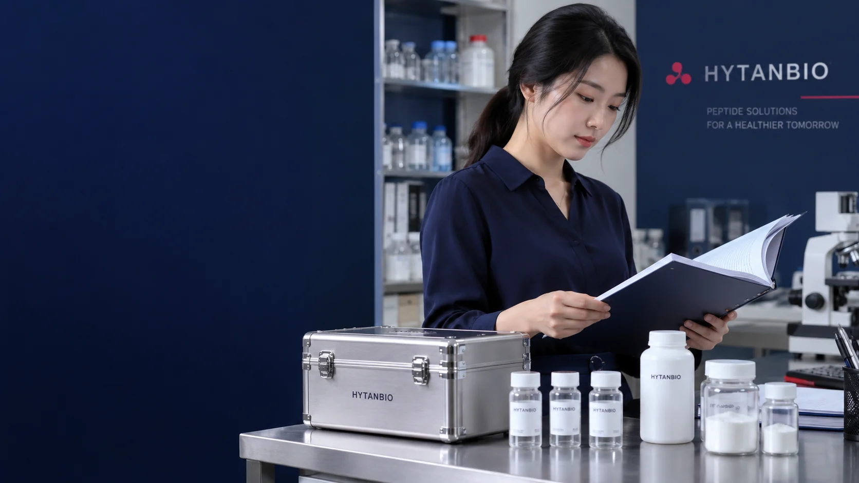Random East Asian adult woman with long black tied hair in a navy blouse, checking a plain documentation binder beside intermediate sample jars and a closed stainless transit case; practical office-lab environment — illustrative development scene
