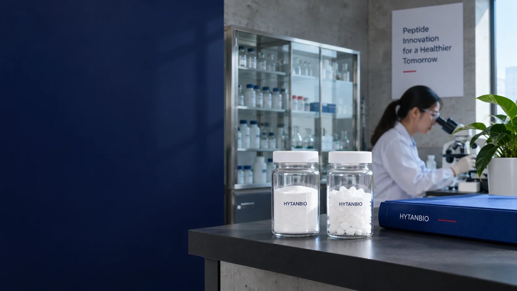 Two capped intermediate sample jars on a short charcoal shelf with a closed blue project folder, glass-front storage cabinet and a natural concrete laboratory backdrop, morning side lighting — illustrative development scene