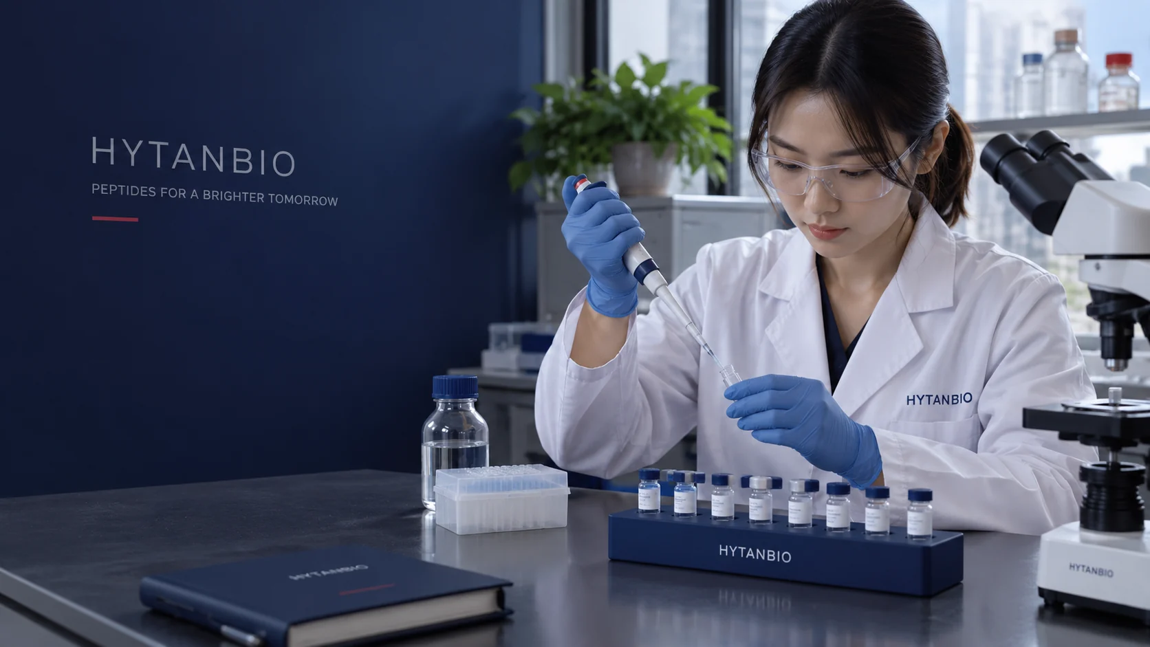 A research bench with a distinctive rectangular navy vial rack containing eight upright closed small samples, a microscope at far right and an unreadable navy-bound notebook, soft afternoon window light — illustrative development scene