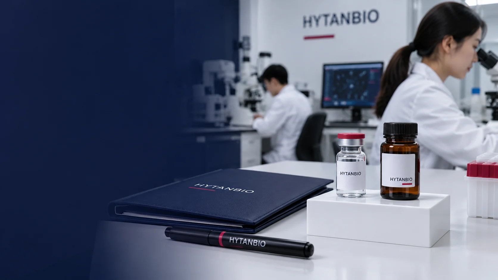 One upright closed peptide research vial and a thin amber reference jar standing on a white square riser beside a closed laboratory folder and capped marker, optical equipment in far background — illustrative development scene