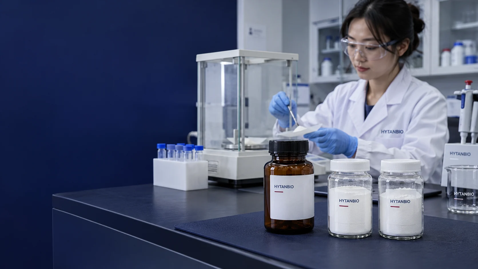 An upright medium amber protected-building-block sample jar and two straight clear powder jars on a navy rubber laboratory mat, powder weighing equipment and pale gray cabinets behind — illustrative development scene