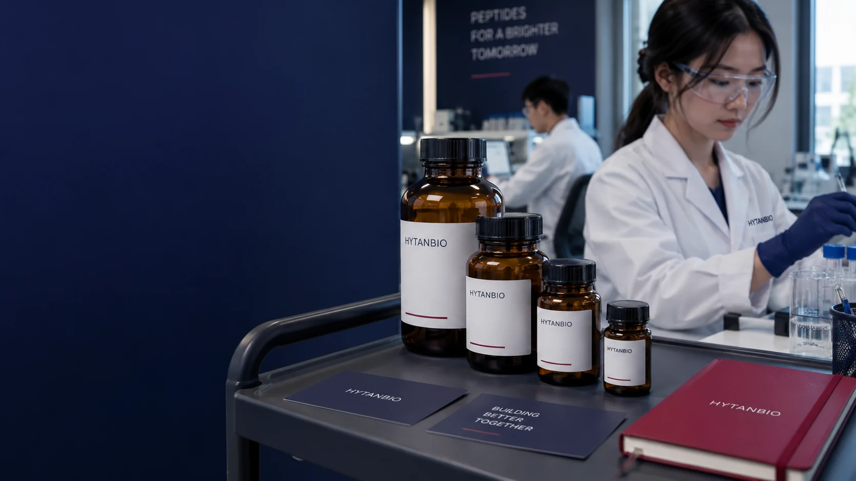 Four upright amber building-block jars arranged from tallest at rear to smallest front, all on a charcoal laboratory cart with flat navy identification cards and a berry notebook — illustrative development scene
