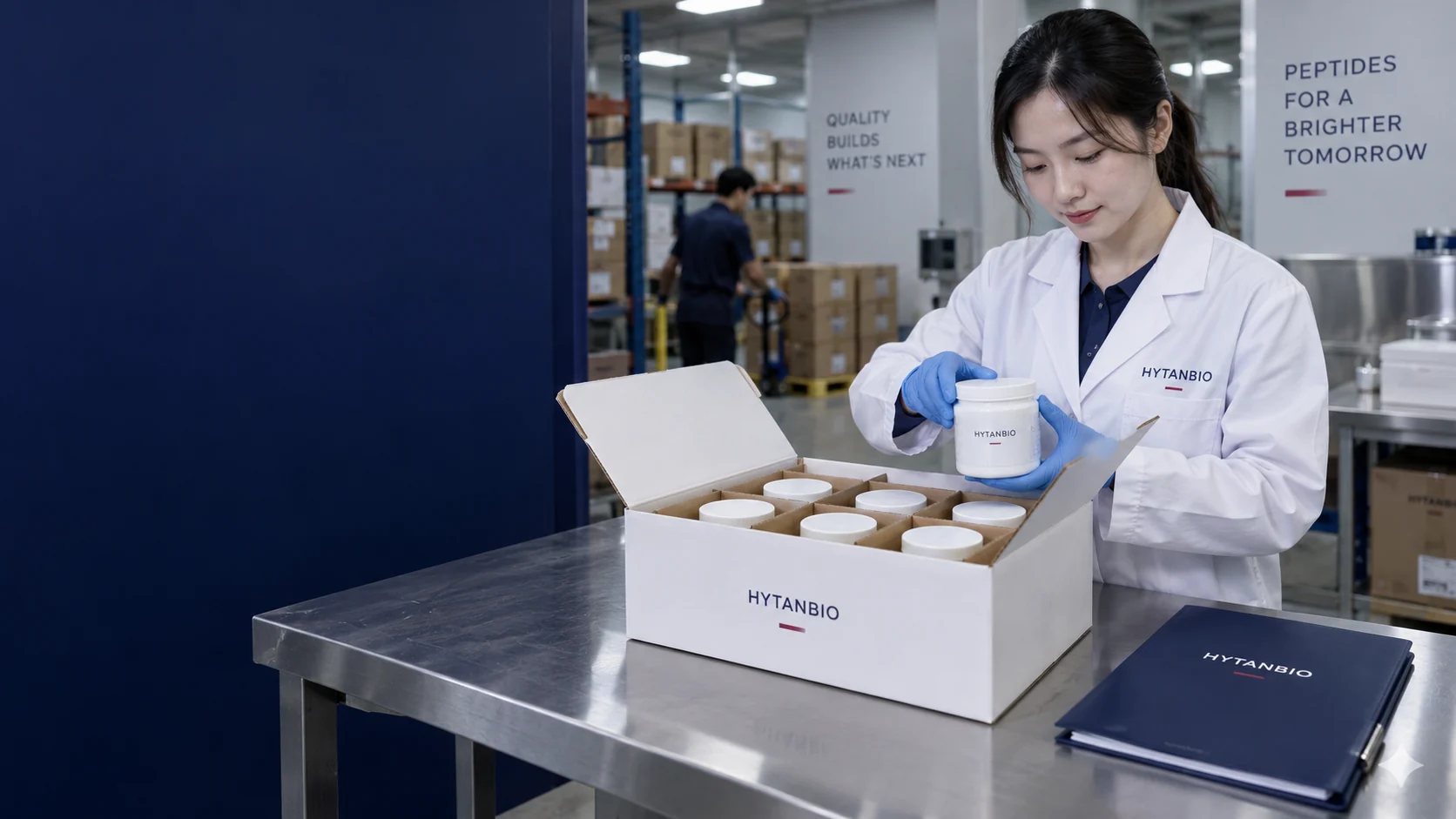 An open clean white export carton containing sealed powder jars upright in cardboard dividers beside a plain navy supply folder, stainless warehouse receiving bench and subtle practical ceiling lighting — illustrative development scene