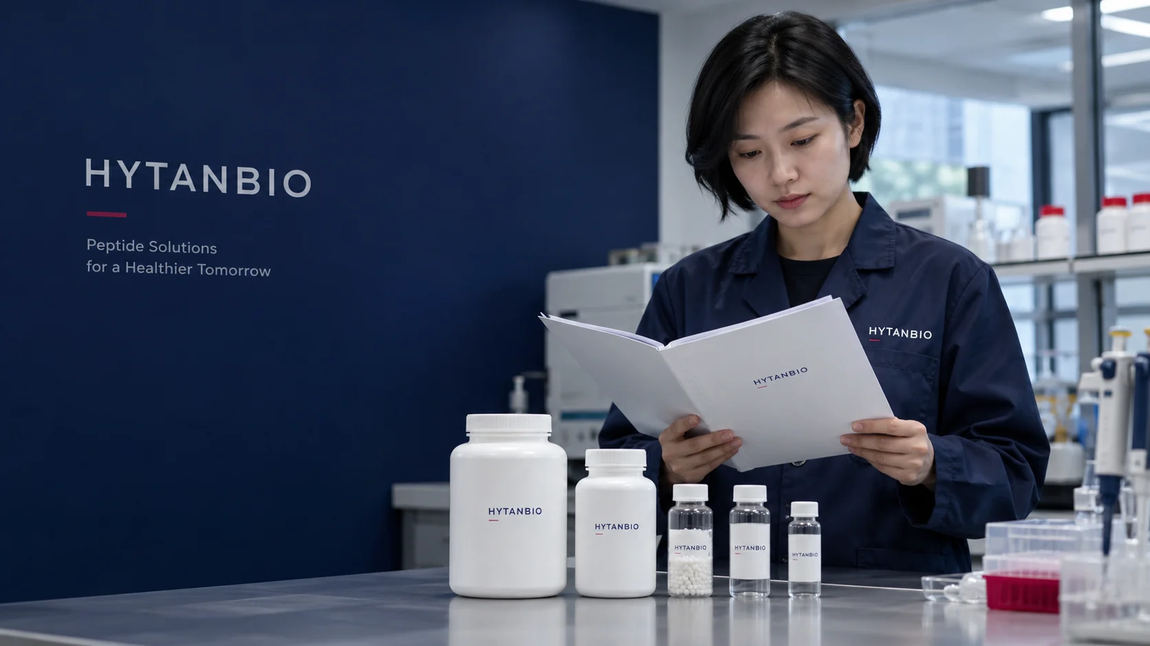 Random East Asian adult woman with short side-parted hair and navy laboratory coat checking a white folder beside upright resin and reagent sample containers; no readable technical instructions — illustrative development scene