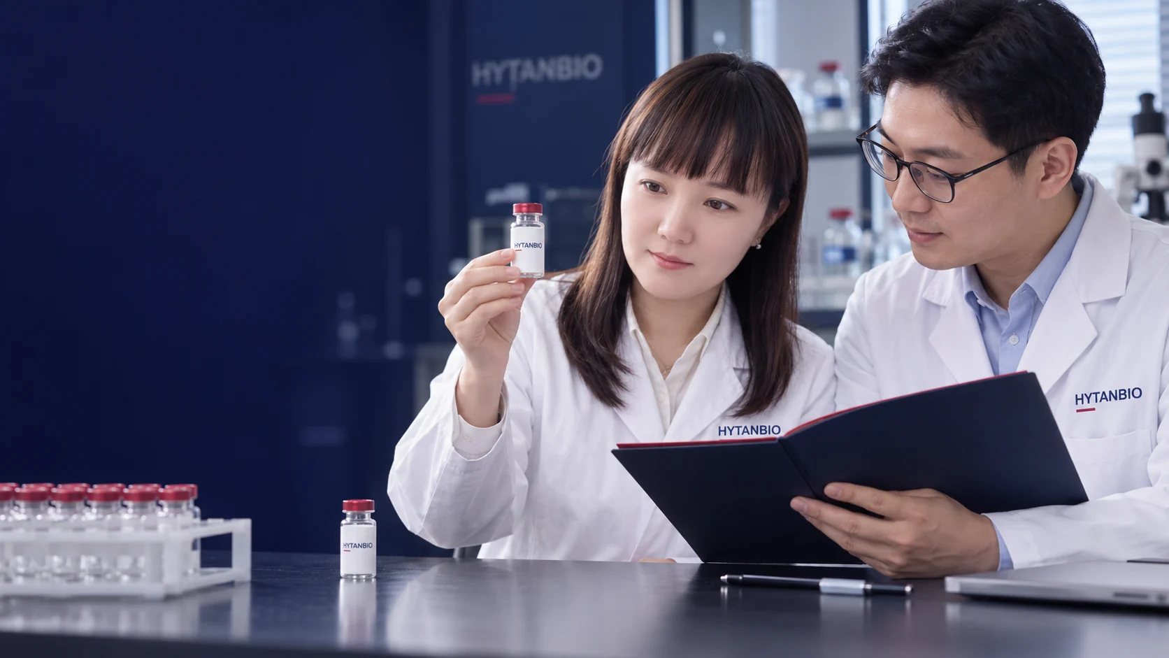 Two East Asian technical colleagues compare an upright sample vial and a closed specification folder — illustrative development scene