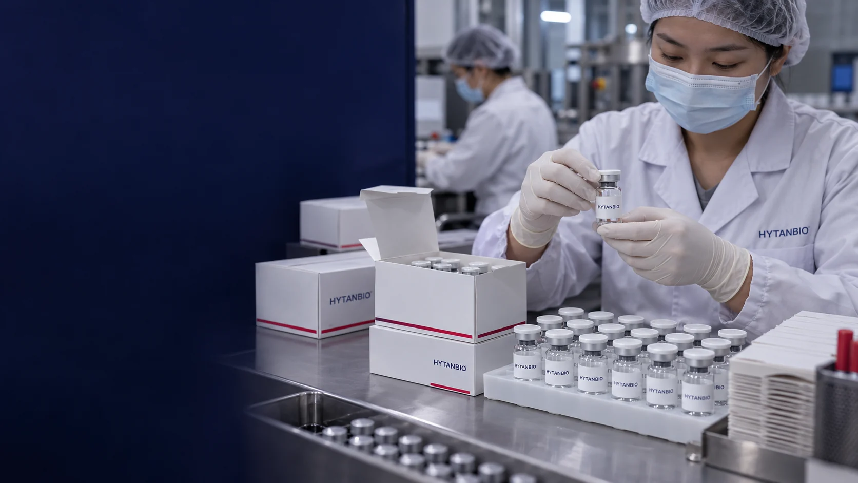 Orderly sealed white cartons and clear upright vials at a tidy packing station — illustrative development scene