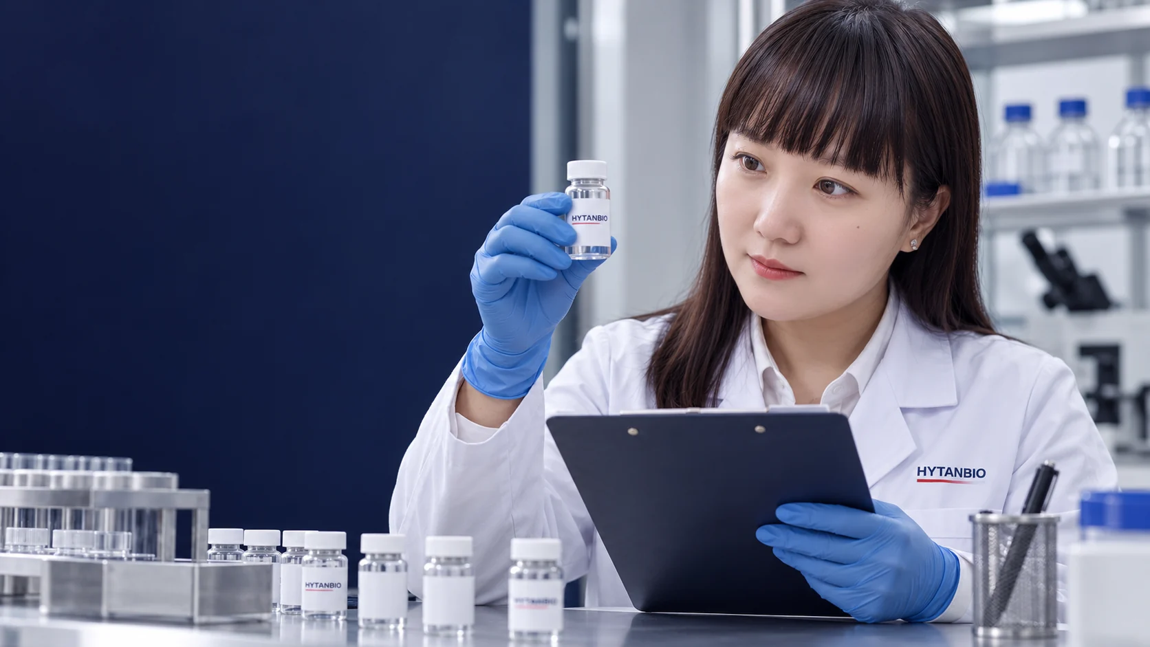 An East Asian quality reviewer examines a closed sample container against a paper checklist — illustrative development scene