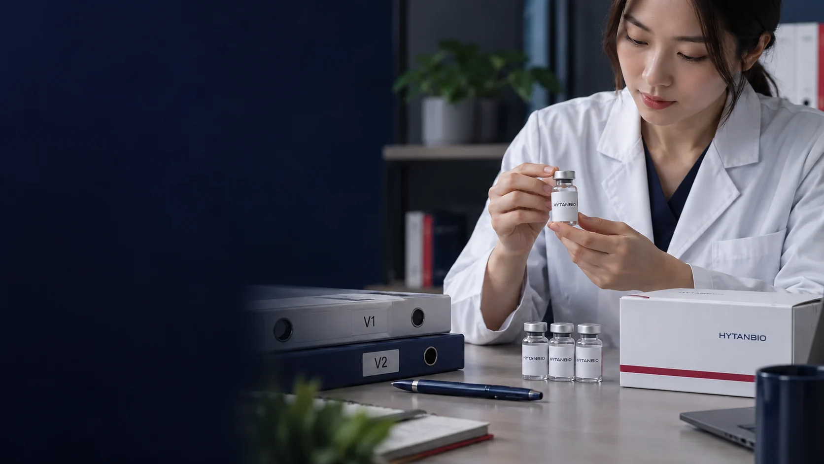 A practical desk scene with two version-marked neutral folders, navy pen and sealed sample box — illustrative development scene