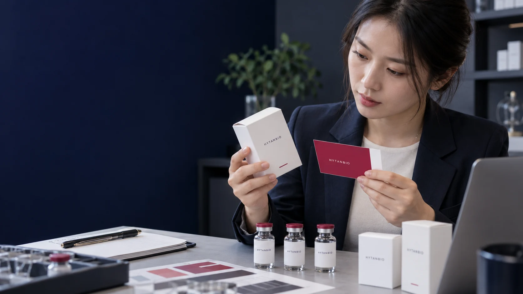 An East Asian packaging specialist reviews a white sample carton and berry-colored label proof — illustrative development scene