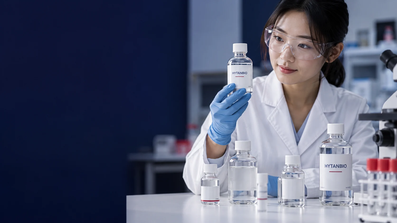 Several clear upright capped laboratory solution bottles on a matte white tabletop — illustrative development scene
