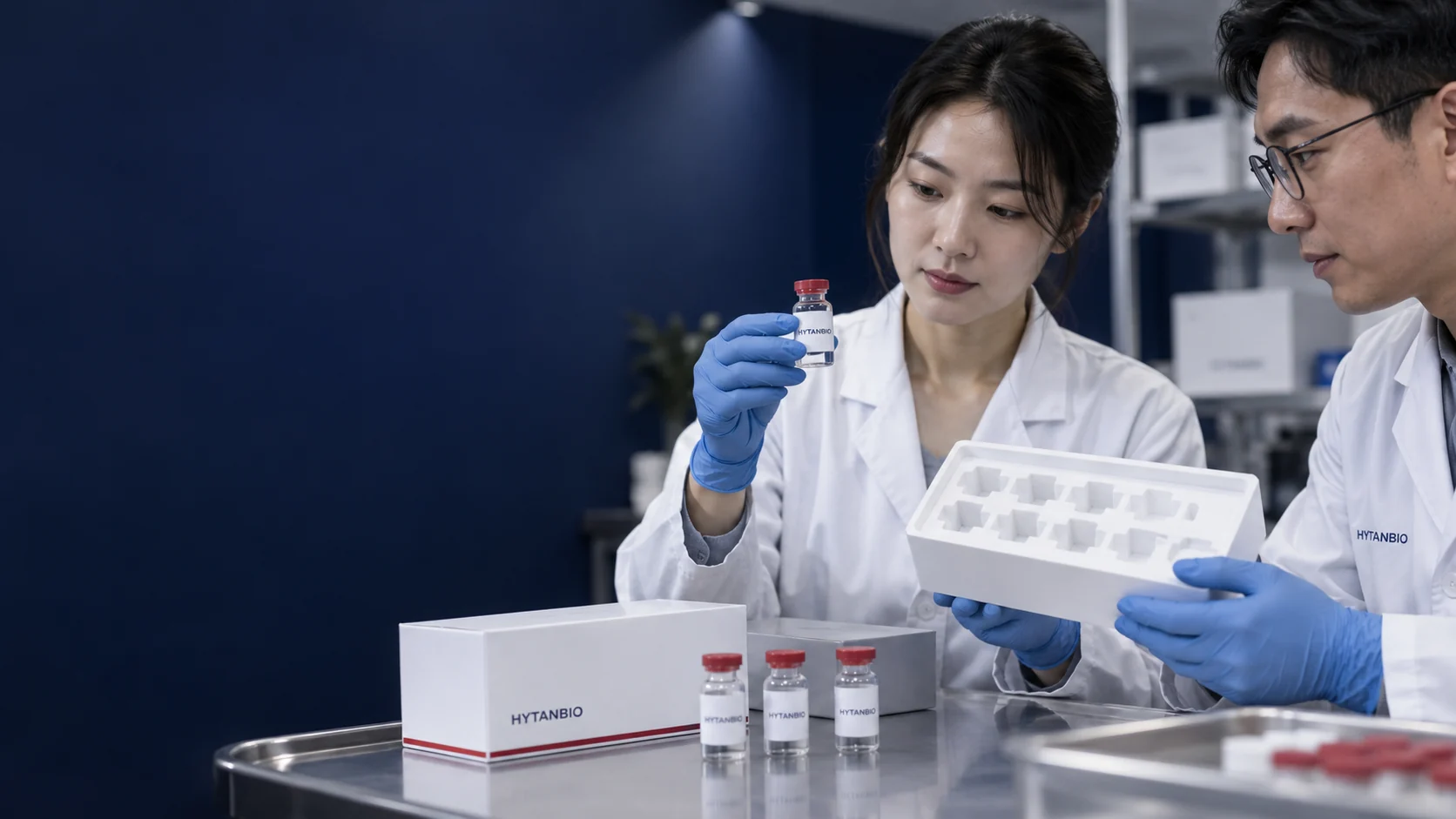 A protective white insert, closed carton and upright sample vials reviewed by gloved hands — illustrative development scene
