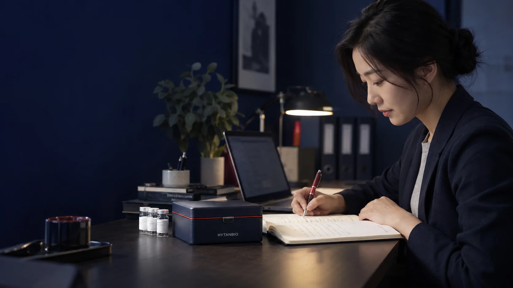 An East Asian technical editor annotates an open notebook next to a closed small sample case, natural side view at a quiet office desk — illustrative development scene