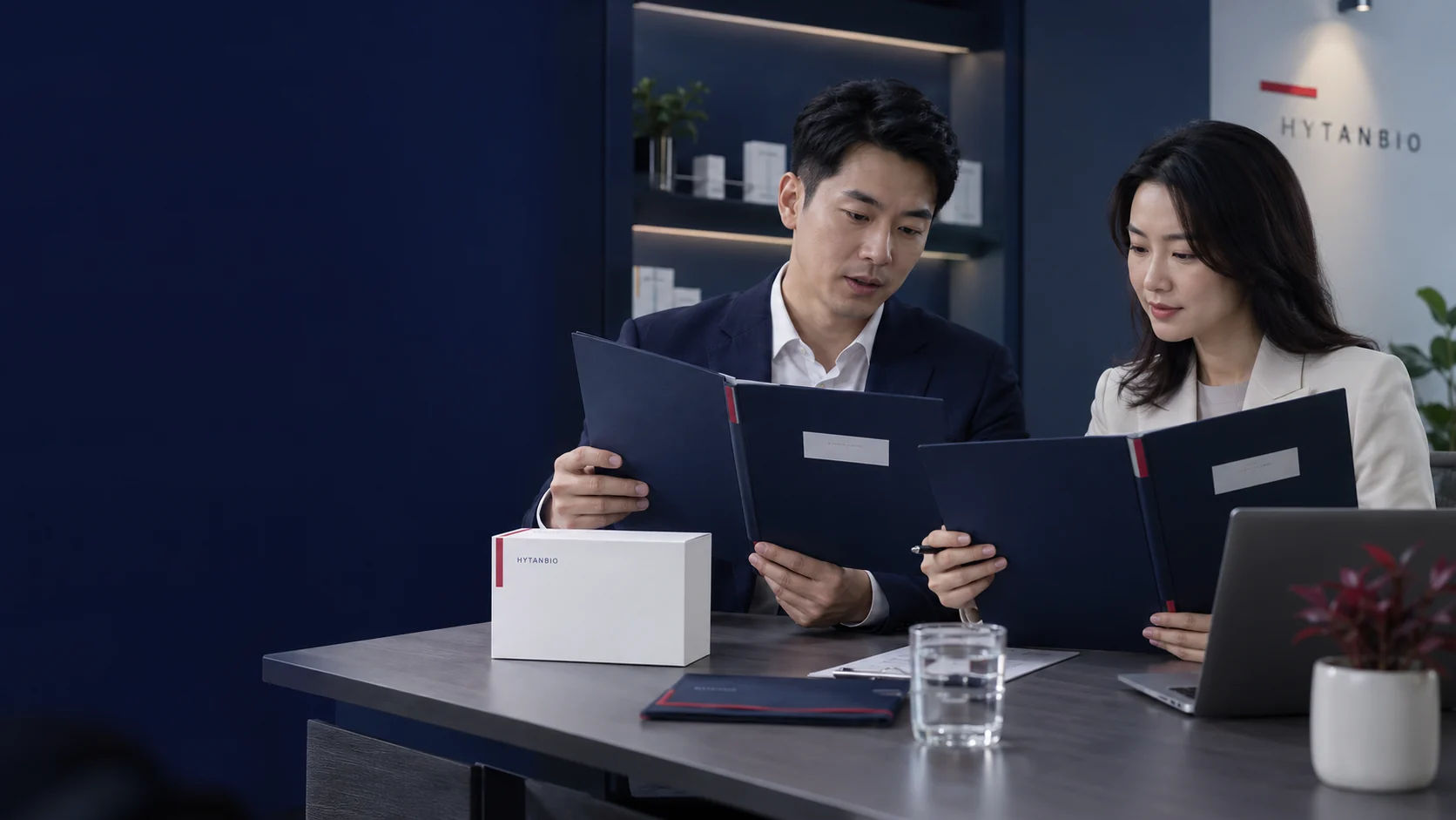Two East Asian project colleagues compare three separate navy folders across a modern meeting table, white sample carton nearby — illustrative development scene