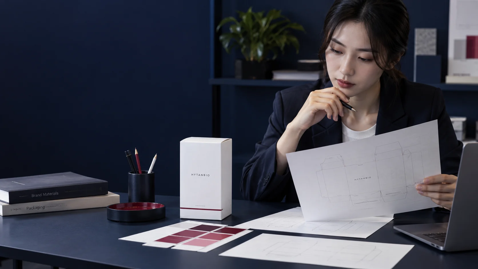 An East Asian designer reviews flat carton dielines beside a completed white prototype box and restrained berry color swatches — illustrative development scene