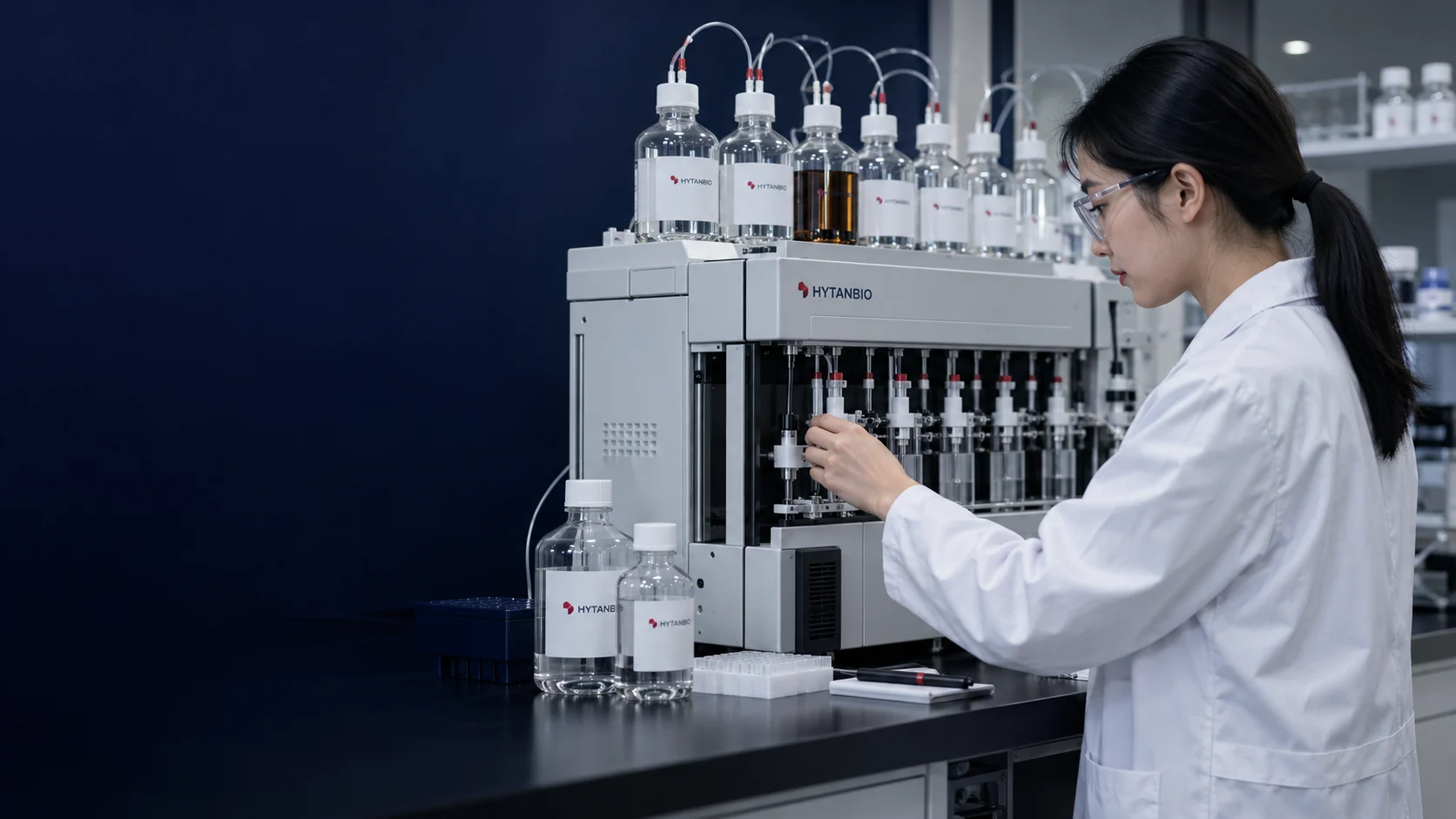 An East Asian researcher checks a compact peptide synthesis instrument, candid side profile, no procedural display — illustrative development scene