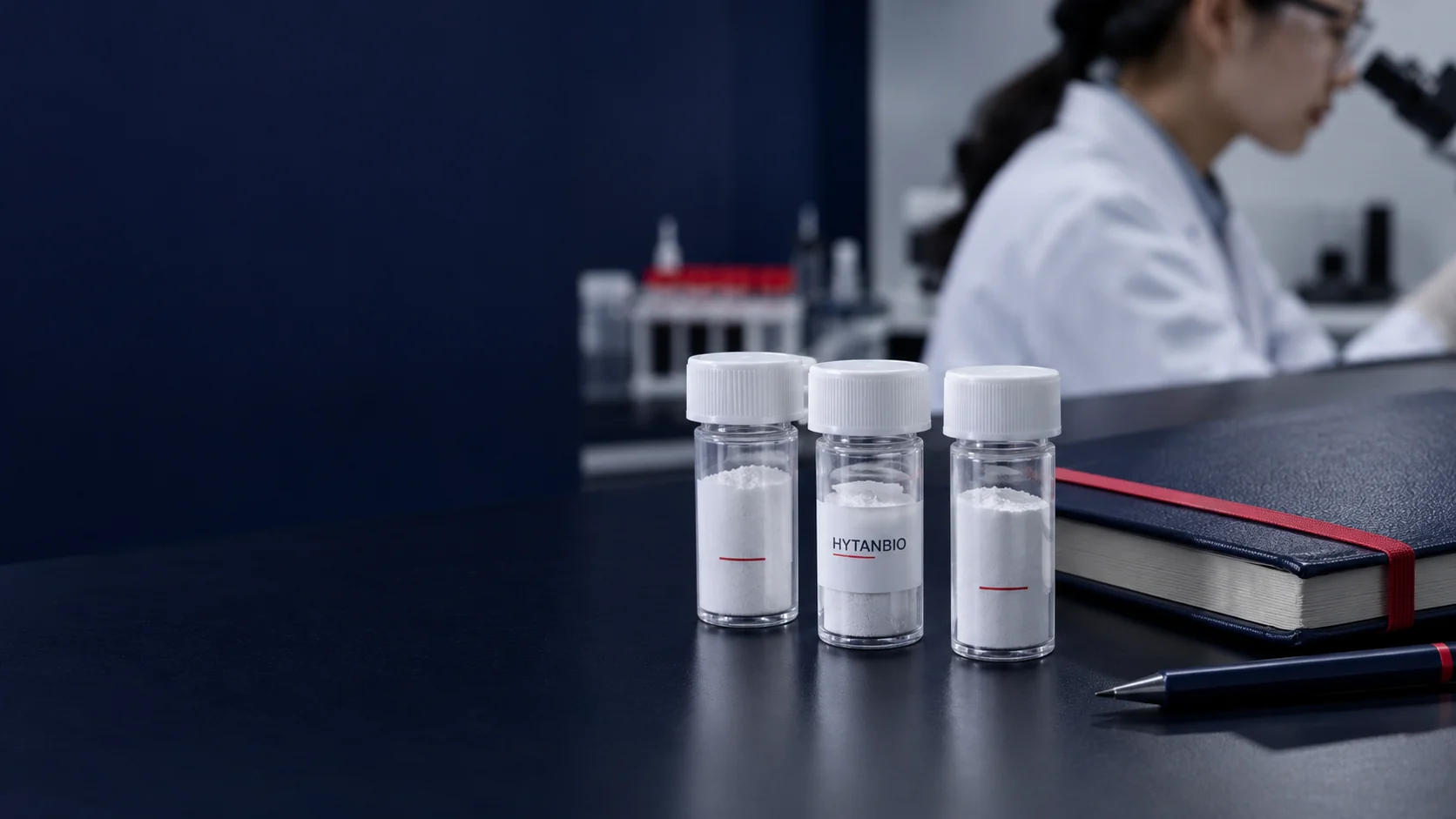 Three capped laboratory sample tubes next to a closed research notebook and a navy pencil — illustrative development scene