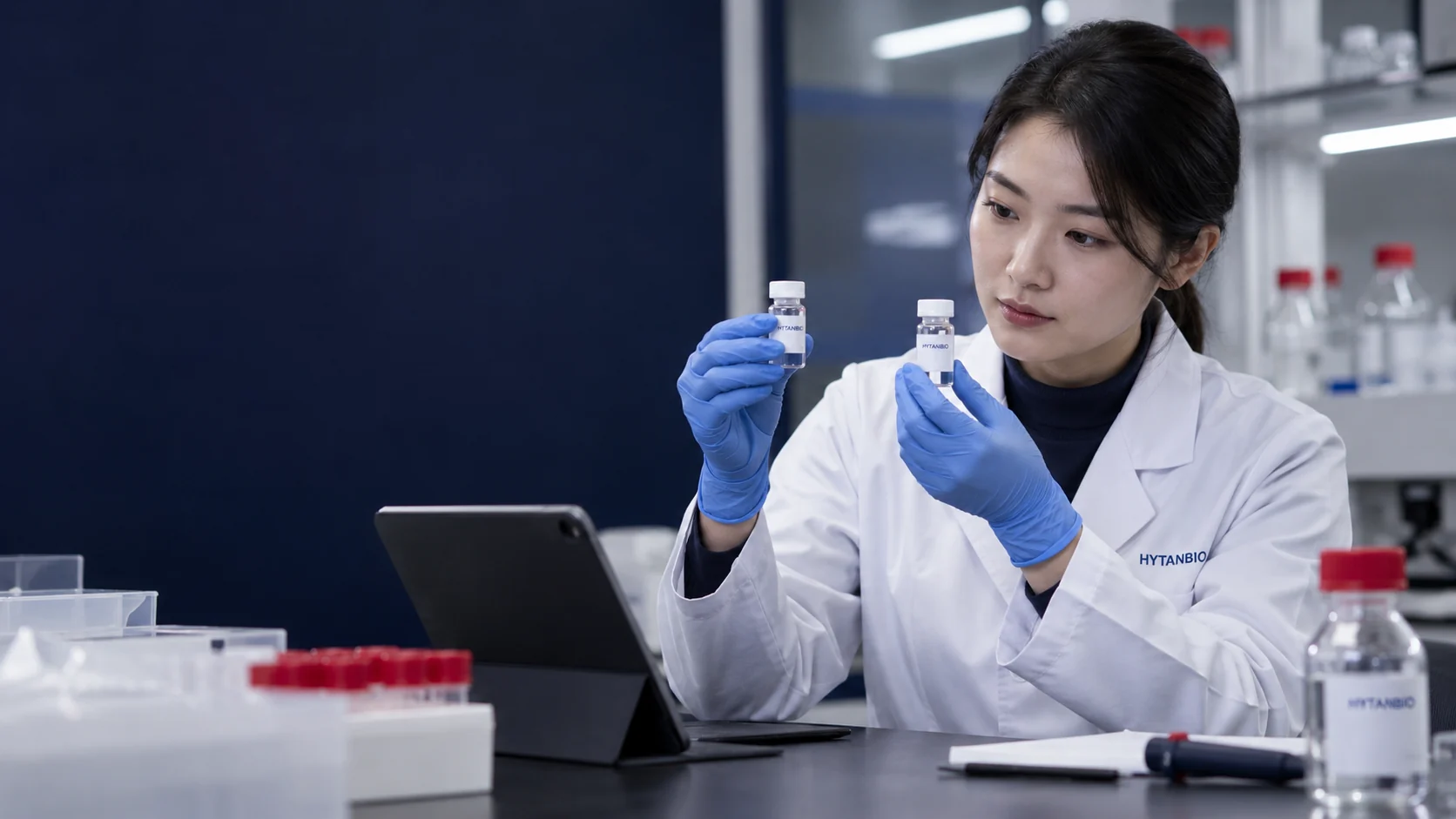 An East Asian scientist compares two separate sample reference containers beside a tablet — illustrative development scene