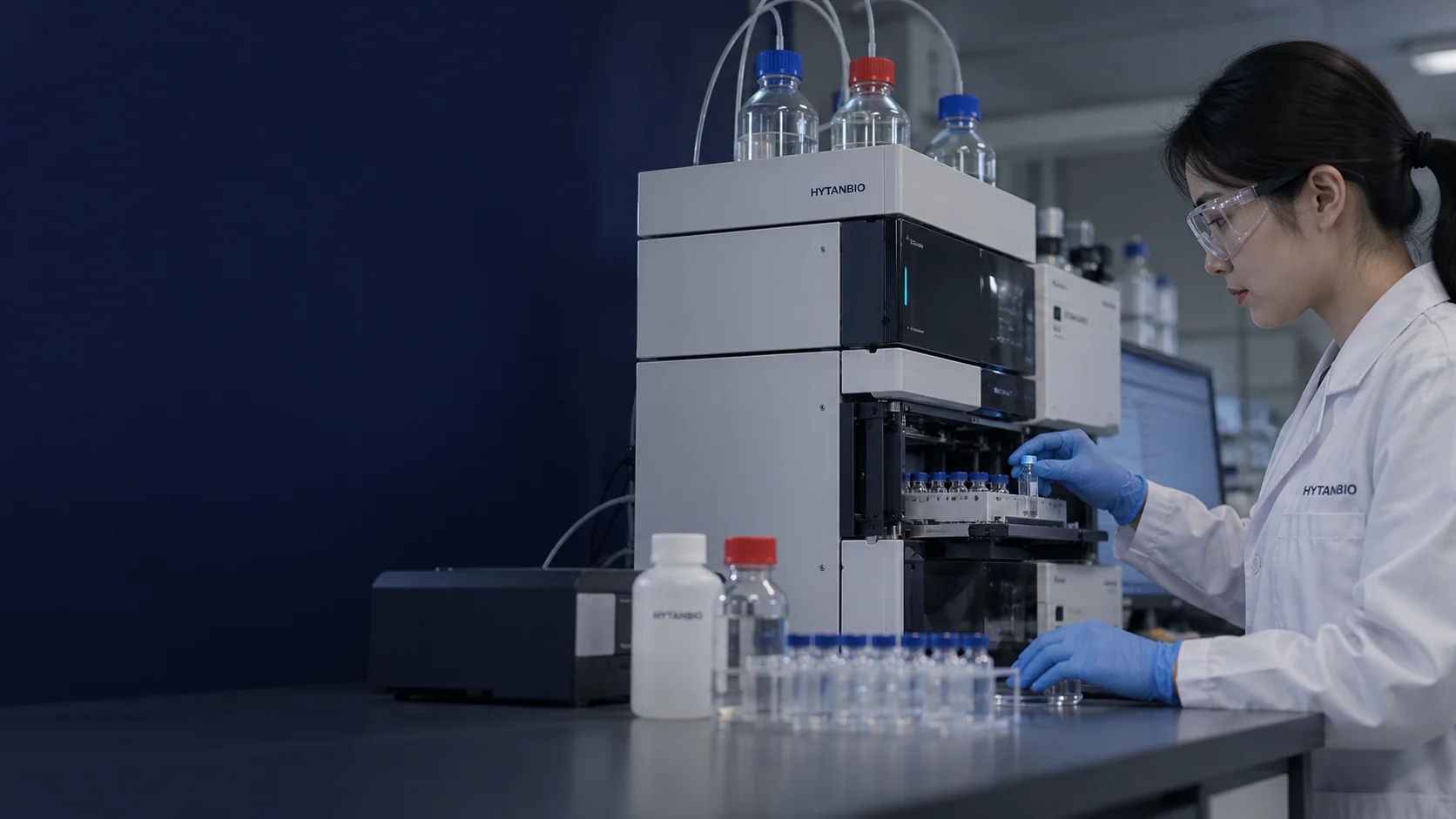 A compact chromatography instrument and a small clear sample rack, natural low-angle lab photograph — illustrative development scene