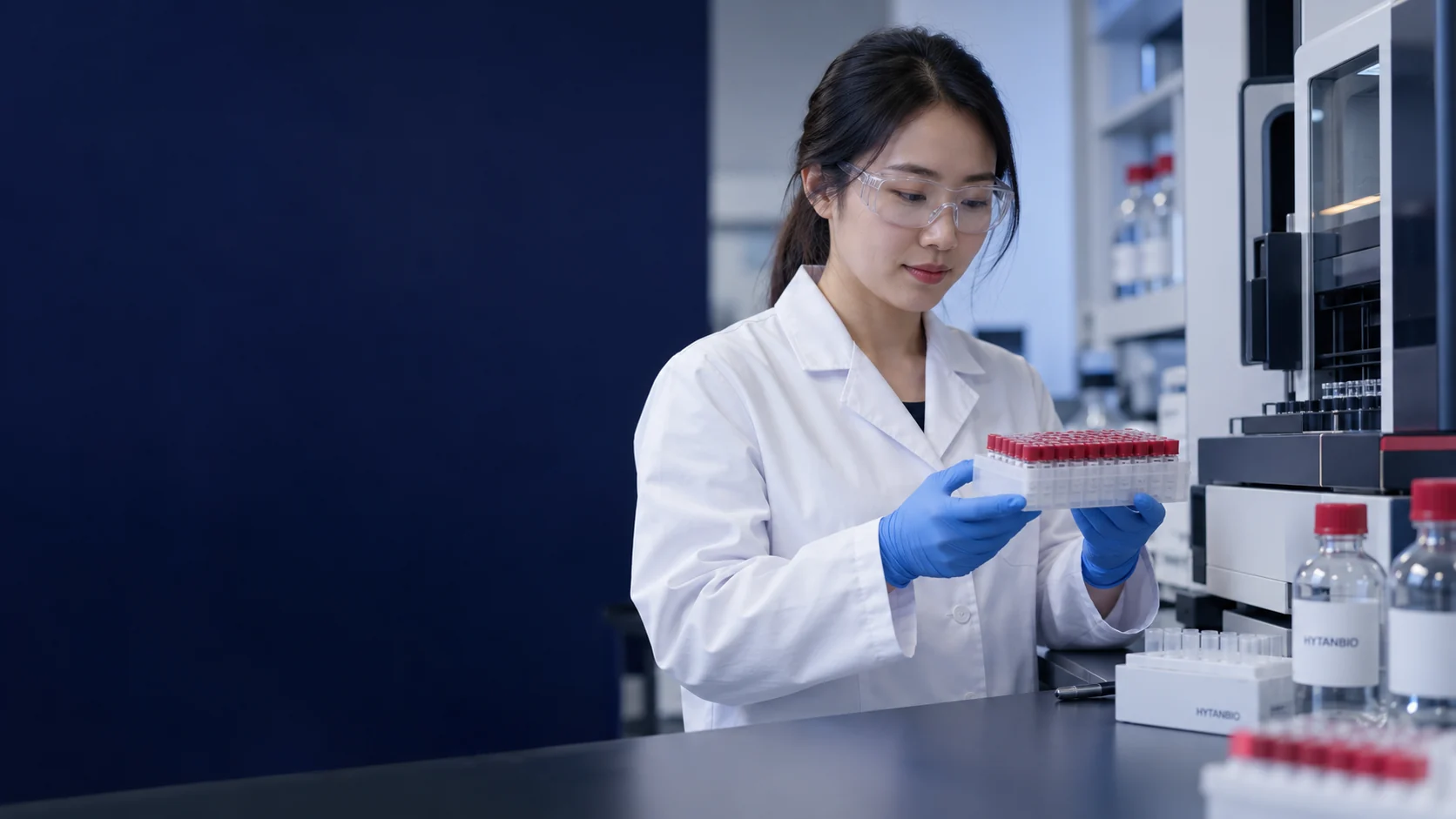 An East Asian woman analyst holds a sealed sample rack beside a laboratory instrument — illustrative development scene