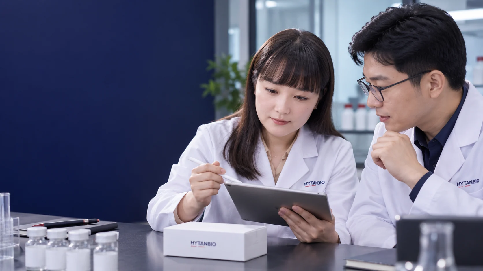Two East Asian technical staff discuss a tablet with a closed sample box between them — illustrative development scene