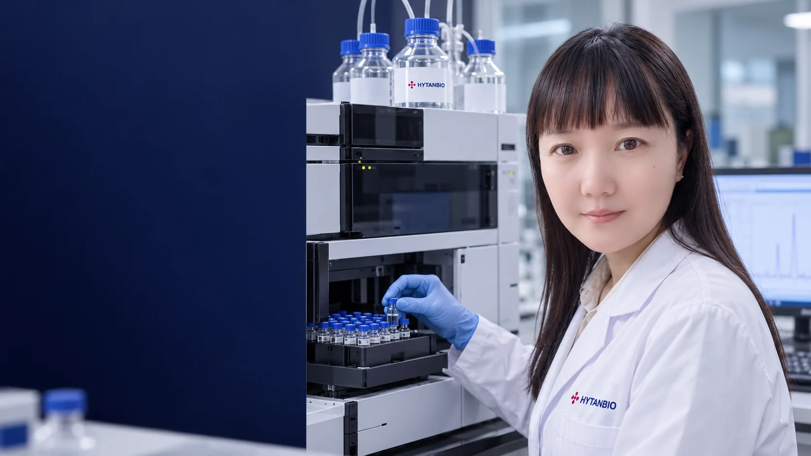 An East Asian woman scientist at an HPLC instrument with an orderly autosampler rack — illustrative development scene