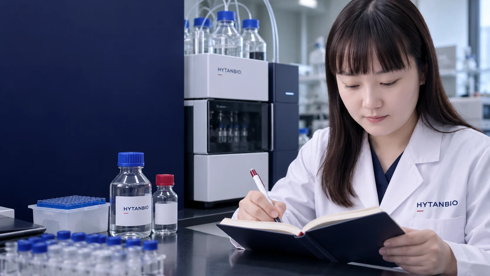 An East Asian scientist reviews a notebook beside a compact benchtop analytical instrument — illustrative development scene