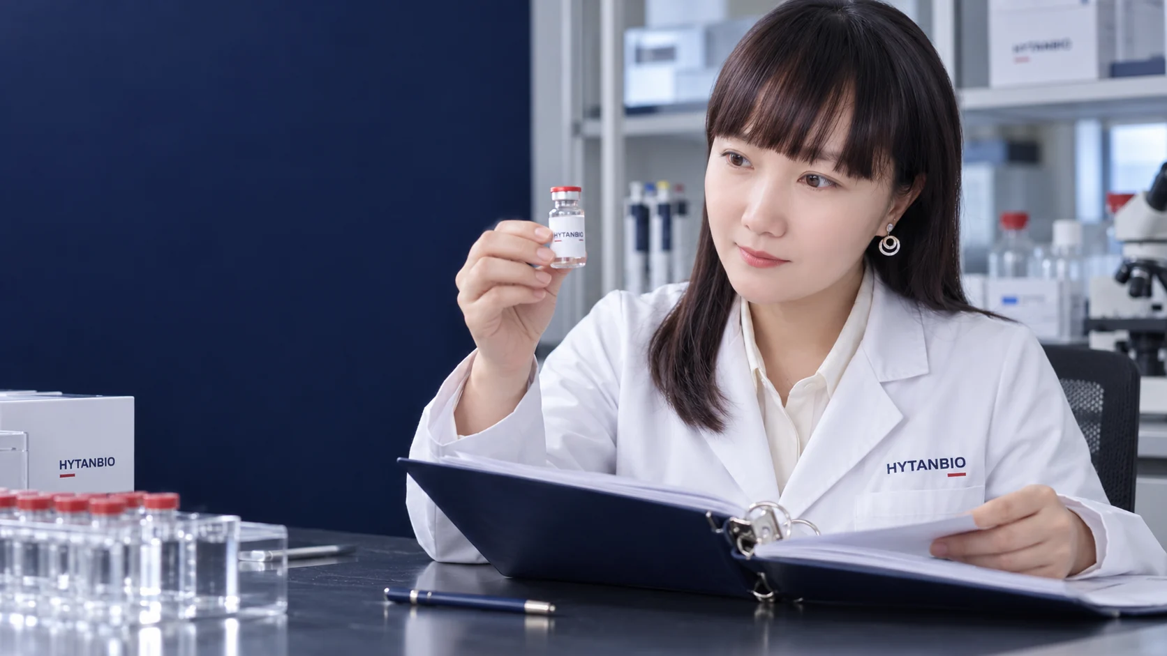 An East Asian analyst checks a binder and an upright vial at a clean quality review desk — illustrative development scene