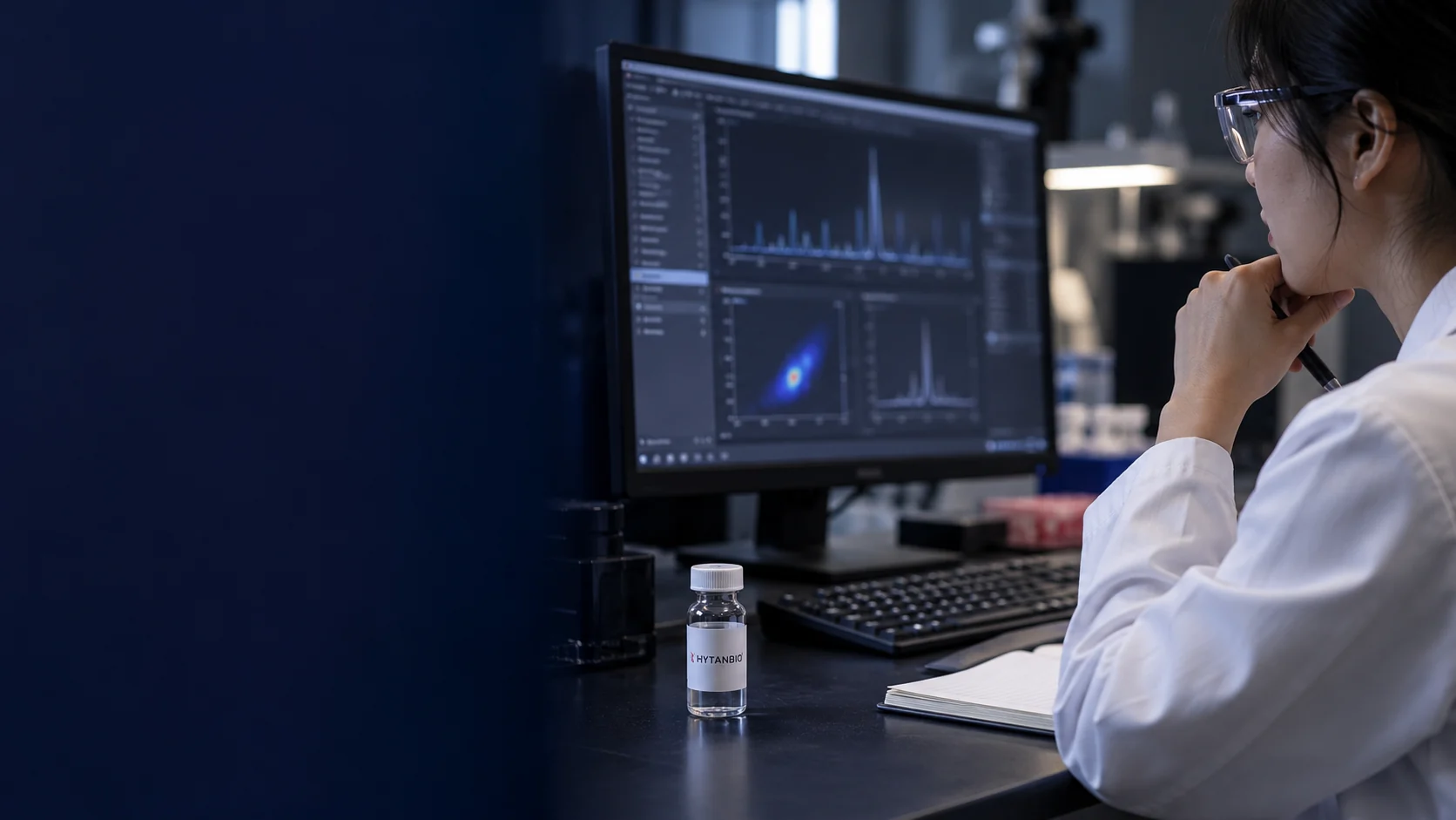 A monitor with abstract out-of-focus analytical plots, keyboard and a single sample container — illustrative development scene