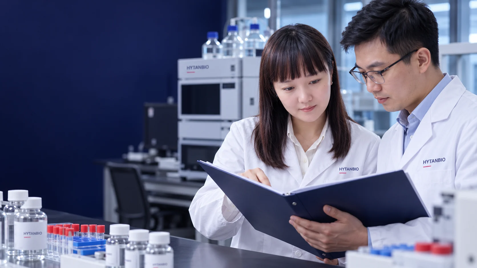 Two East Asian quality colleagues discuss a laboratory report folder, no legible certification or fabricated result — illustrative development scene