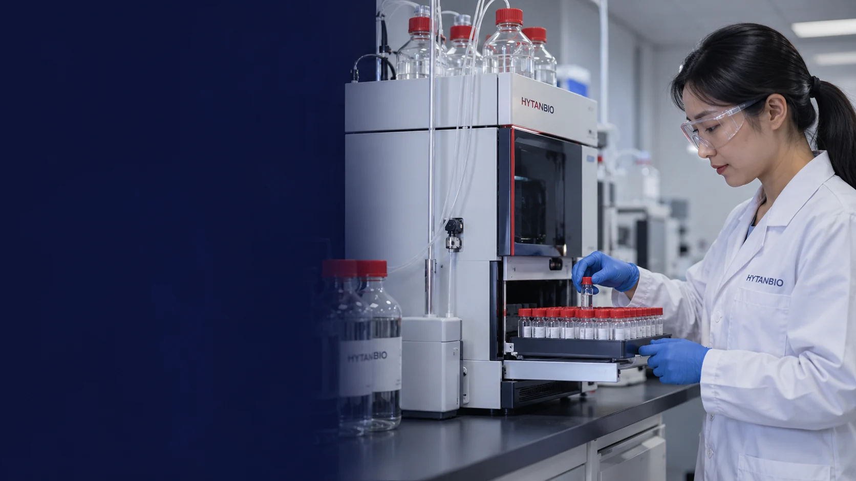 A preparative chromatography instrument with organized collection vessels in a quiet laboratory — illustrative development scene