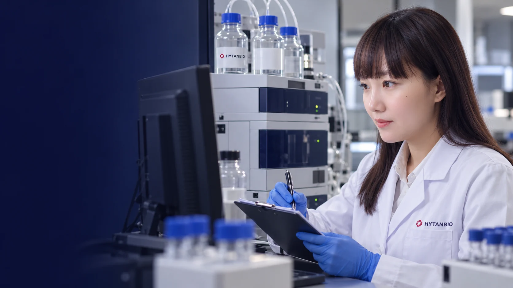 An East Asian technician works at a chromatography workstation, natural candid side view — illustrative development scene