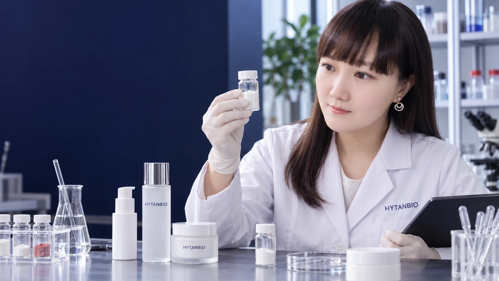 An East Asian cosmetic scientist reviews ingredient sample jars beside empty skincare containers — illustrative development scene