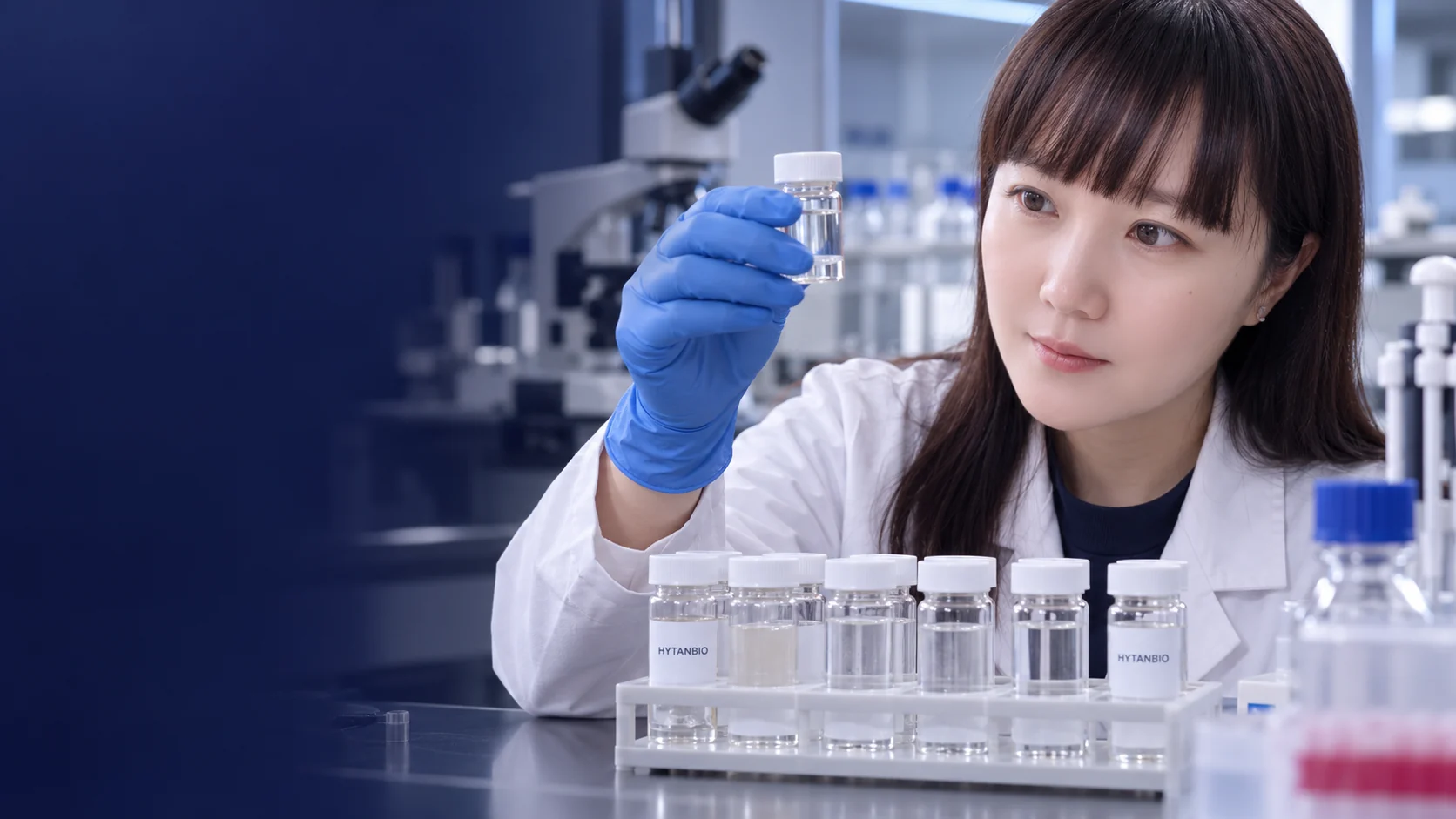 An East Asian scientist observes sealed sample jars arranged in a neutral test rack — illustrative development scene