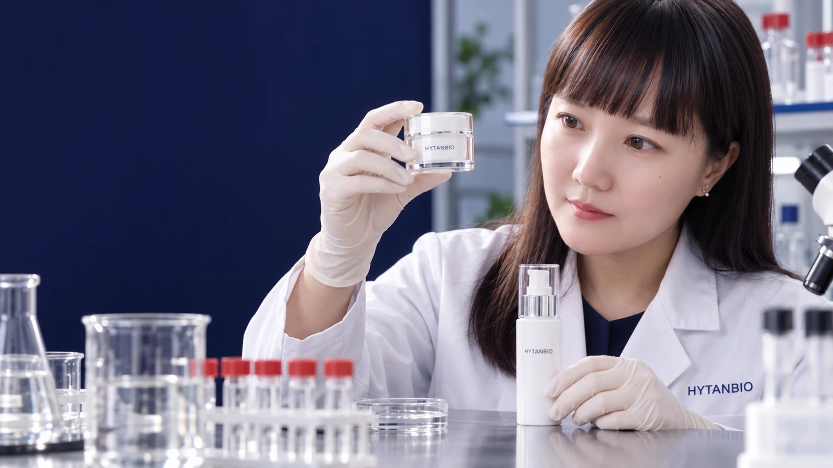 A clear cosmetic sample jar and unbranded white pump bottle inspected by an East Asian researcher — illustrative development scene